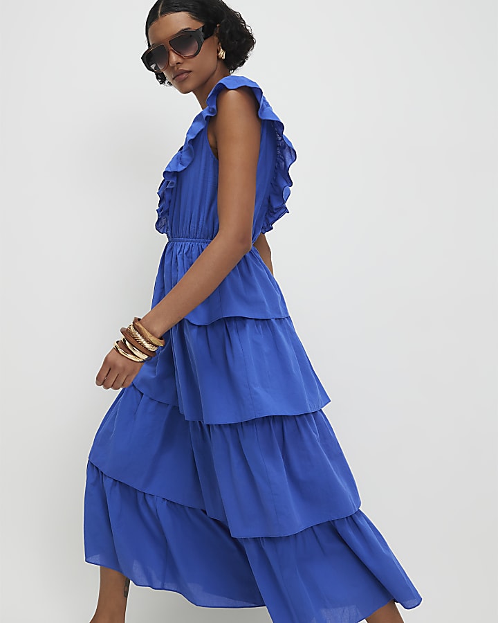 Blue Cotton Ruffle Sleeveless Midi Dress