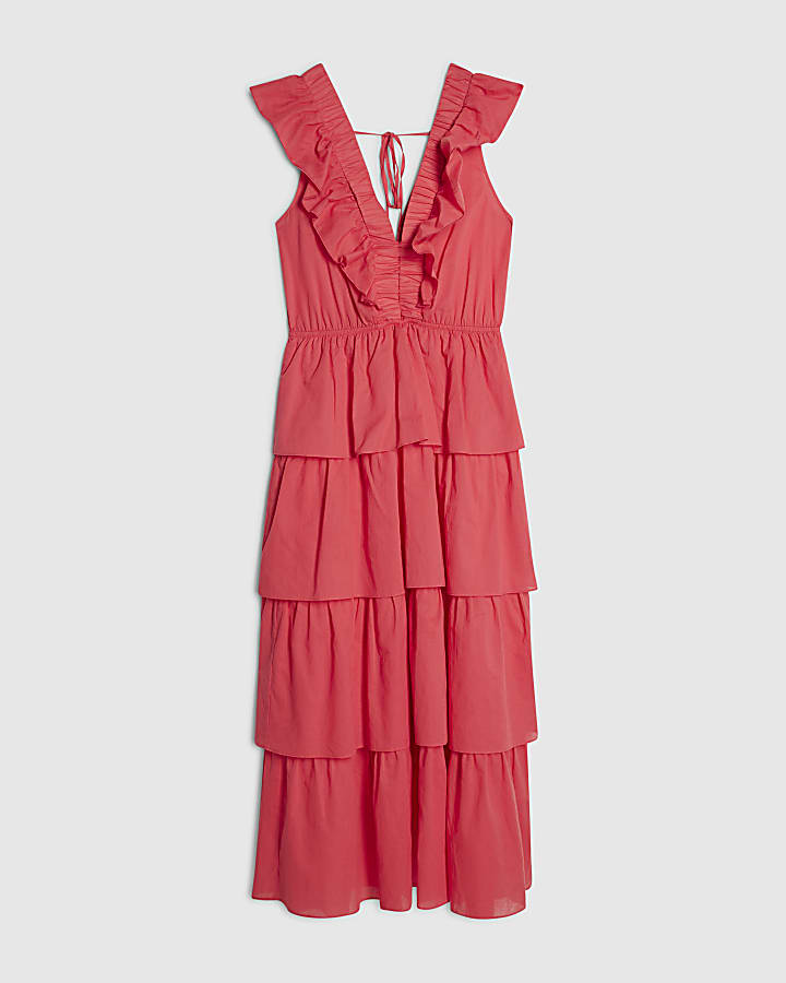 Pink Cotton Ruffle Sleeveless Midi Dress