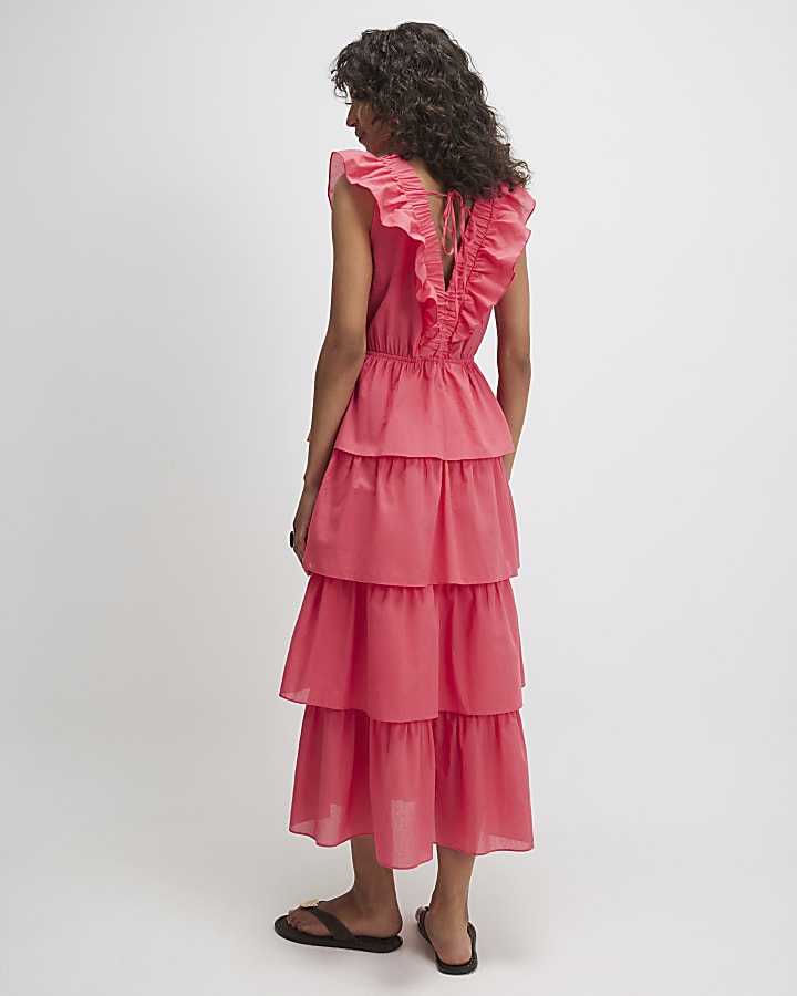 Pink Cotton Ruffle Sleeveless Midi Dress