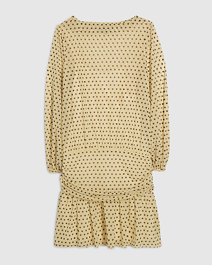 Yellow Long Sleeve Polka Dot Mini Dress