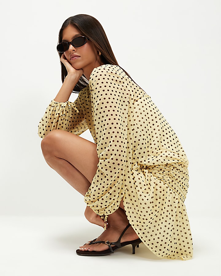 Yellow Long Sleeve Polka Dot Mini Dress