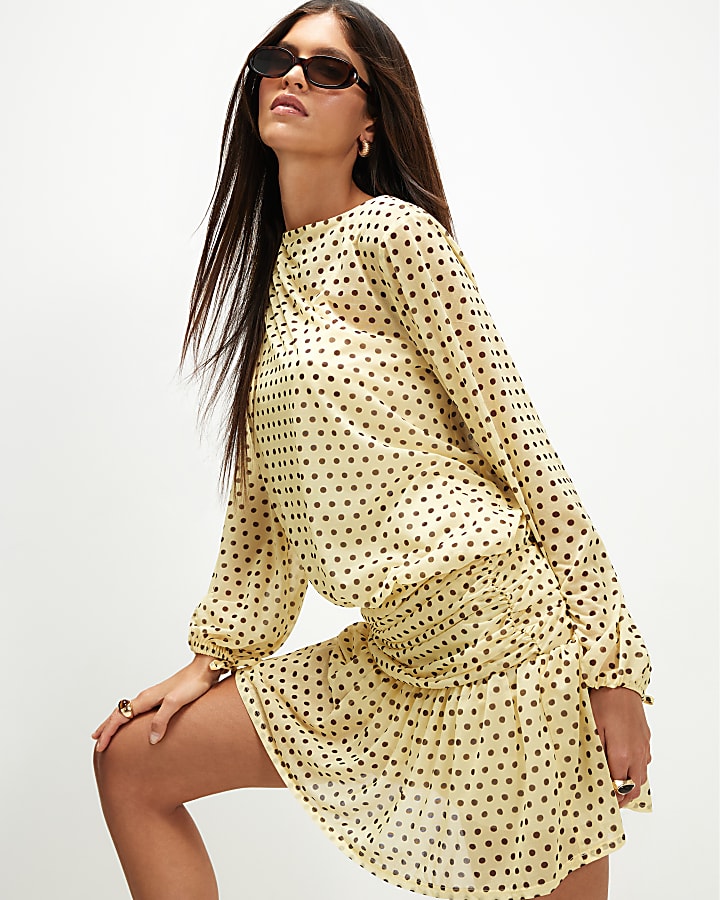 Yellow Long Sleeve Polka Dot Mini Dress