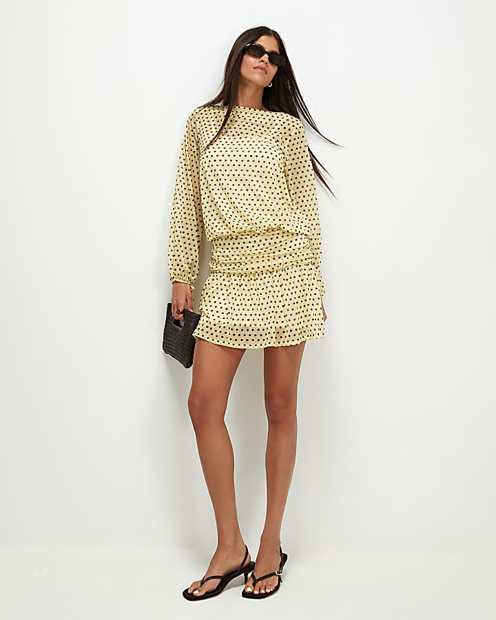 Yellow Long Sleeve Polka Dot Mini Dress
