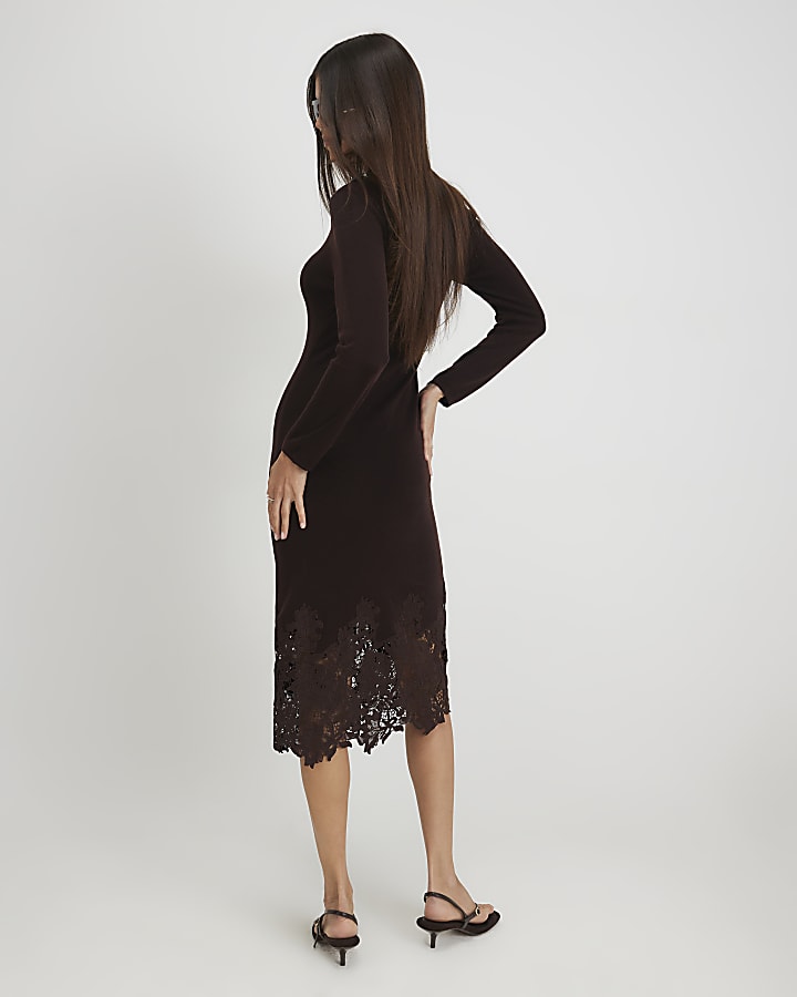 Brown Lace Hem Midi Jumper Dress