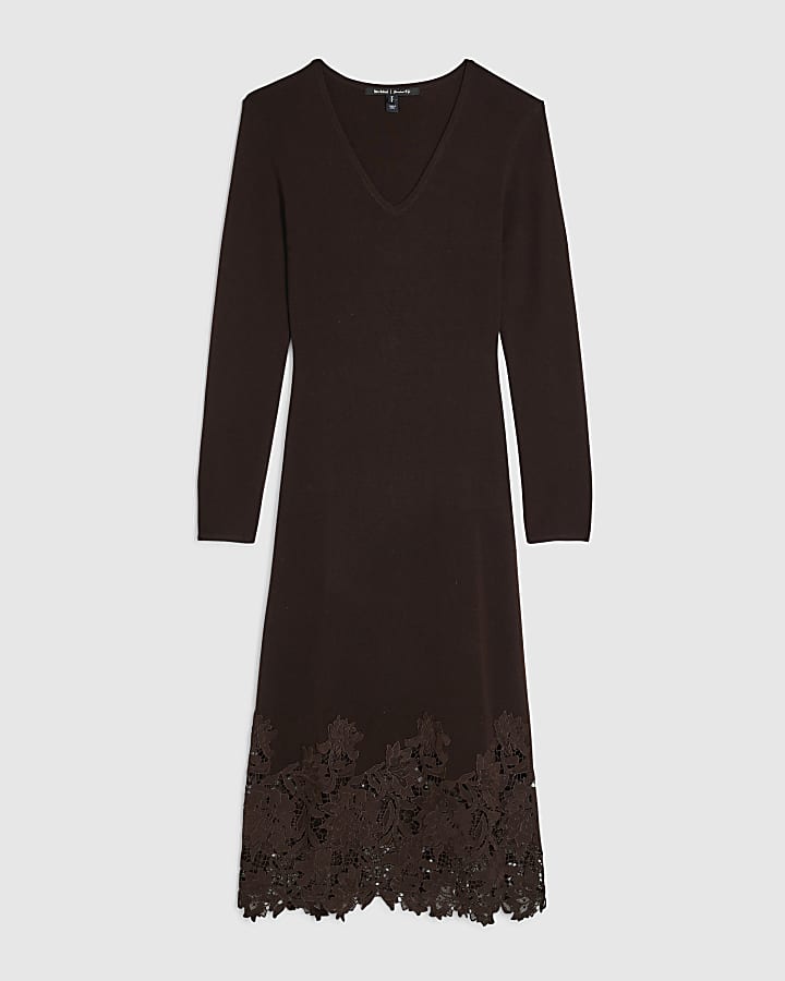 Brown Lace Hem Midi Jumper Dress