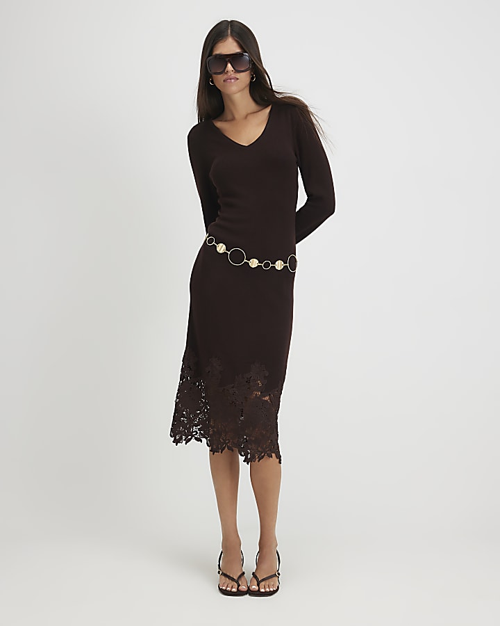 Brown Lace Hem Midi Jumper Dress
