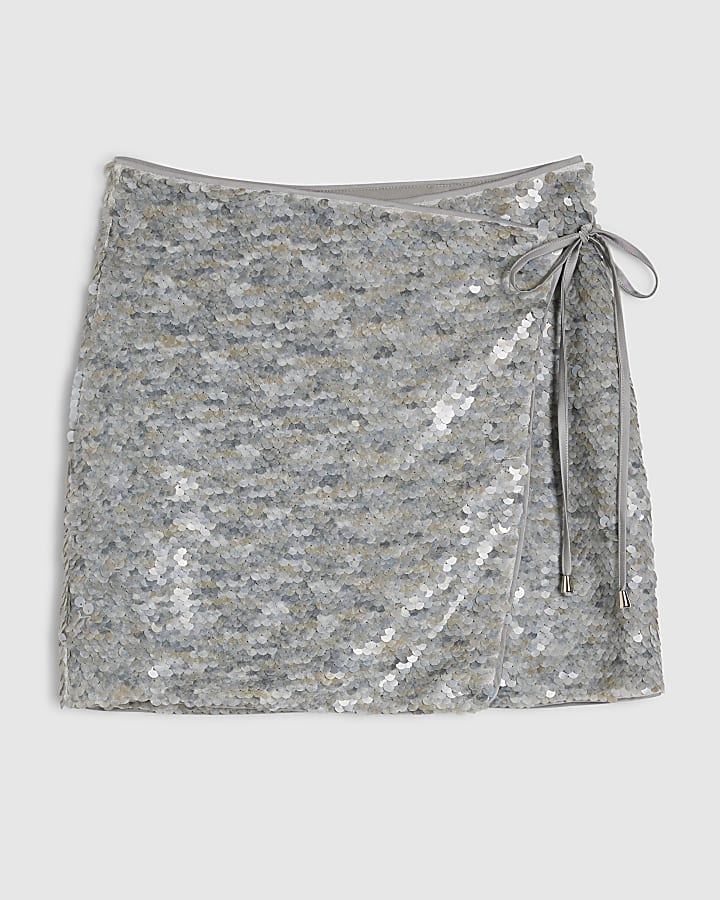 Grey Sequin Wrap Mini Skirt