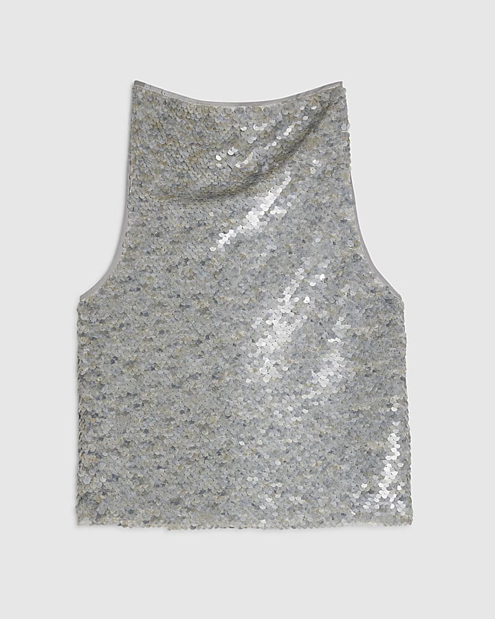 Grey Sequin Cowl Neck Halter Top