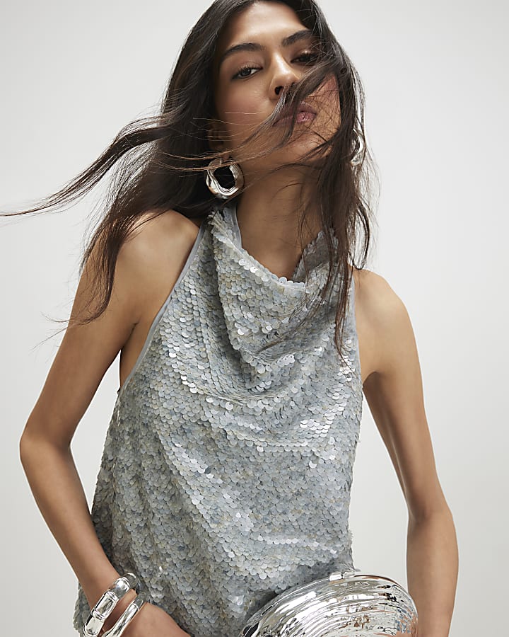 Grey Sequin Cowl Neck Halter Top