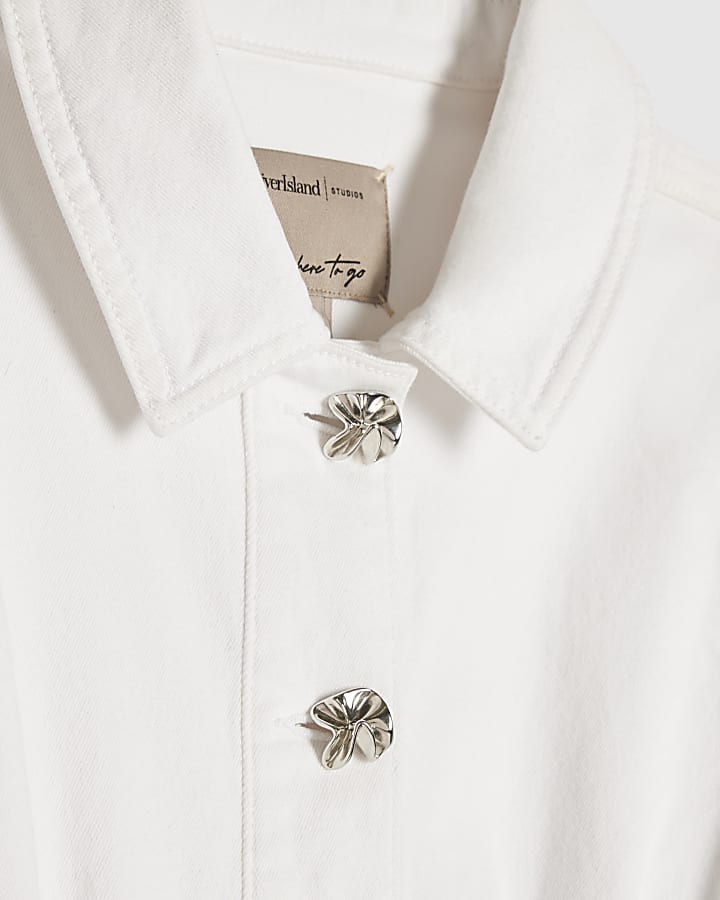 White Cinched Waist Denim Dress