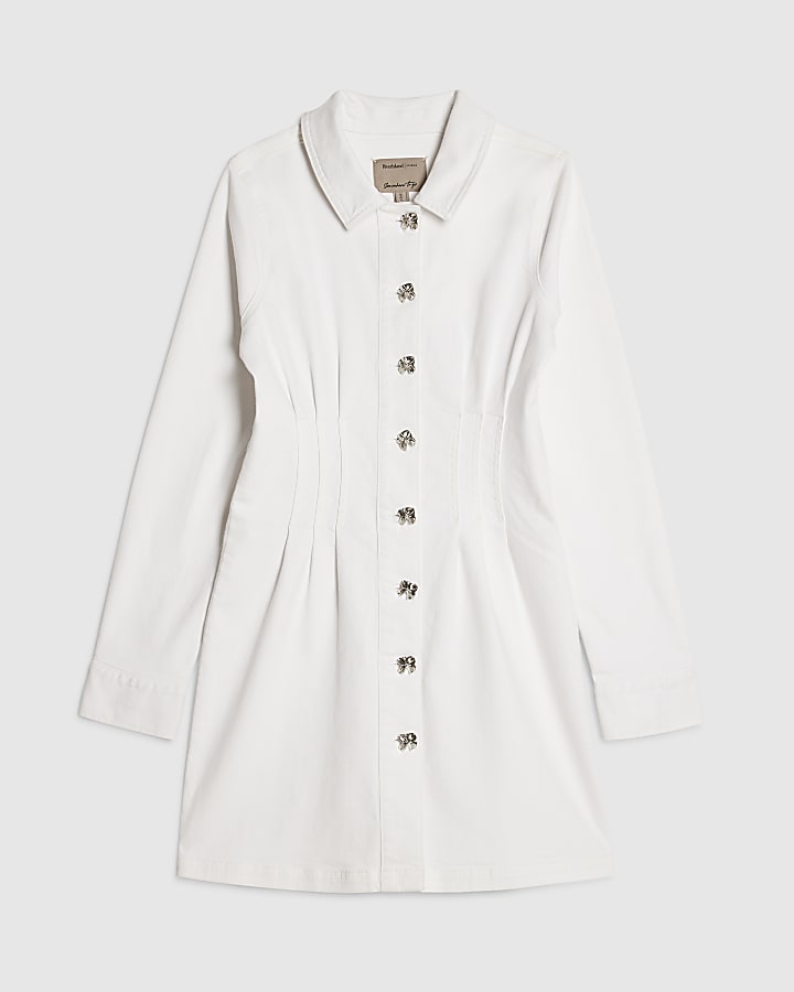 White Cinched Waist Denim Dress