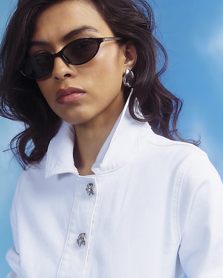 White Cinched Waist Denim Dress