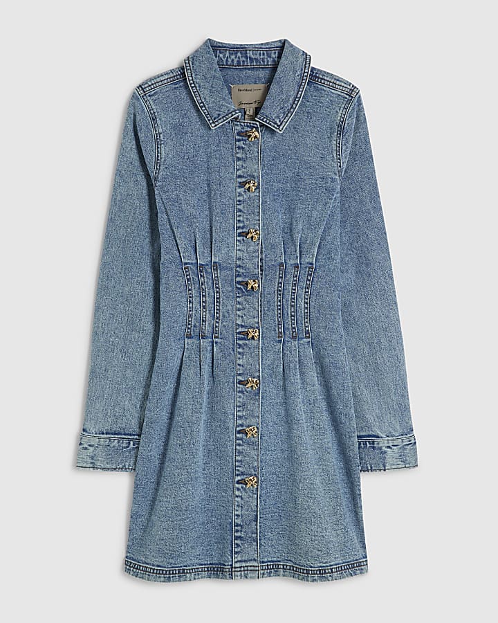 Blue Cinched Waist Denim Dress