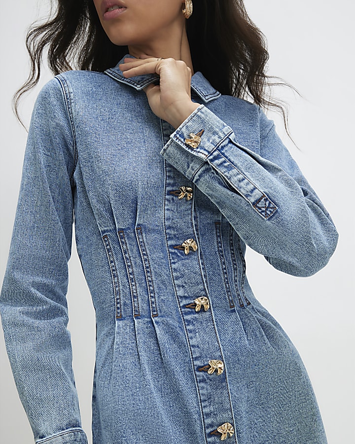Blue Cinched Waist Denim Dress