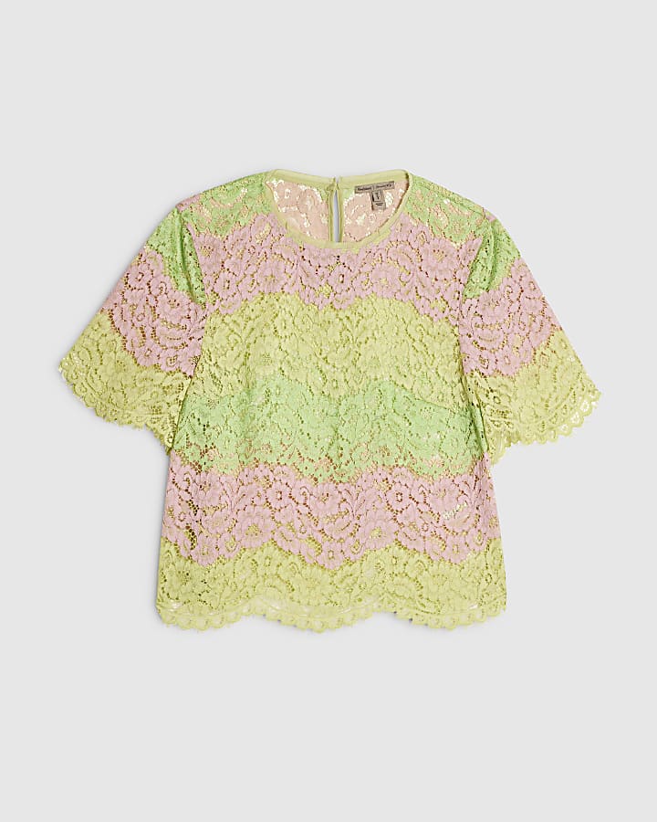 Green Colour Block Lace Top