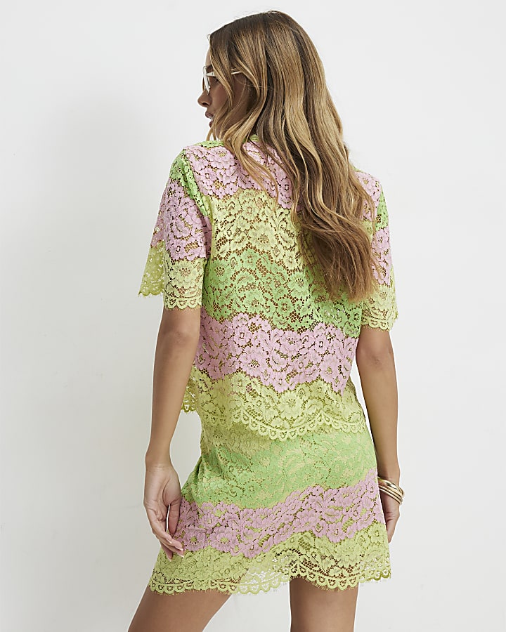 Green Colour Block Lace Mini Skirt
