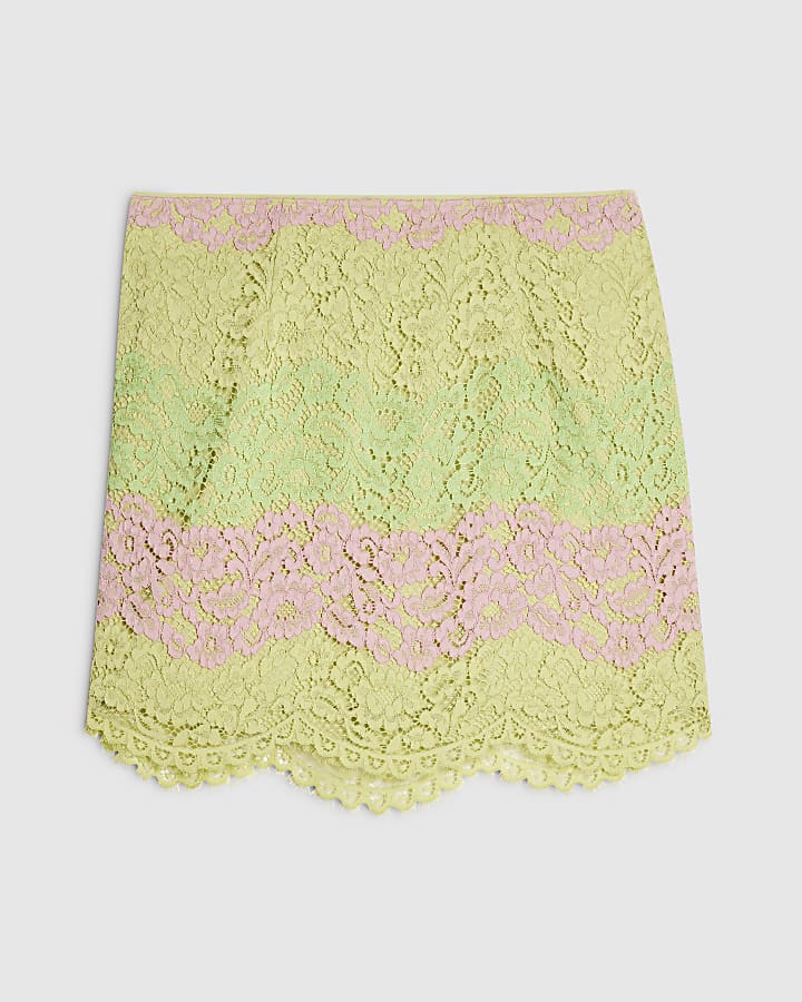 Green Colour Block Lace Mini Skirt
