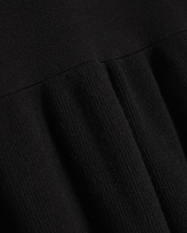 Black Cotton Knitted Pleat Hem Mini Dress