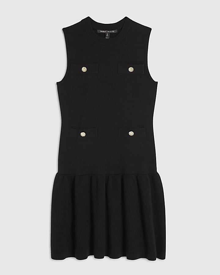 Black Cotton Knitted Pleat Hem Mini Dress