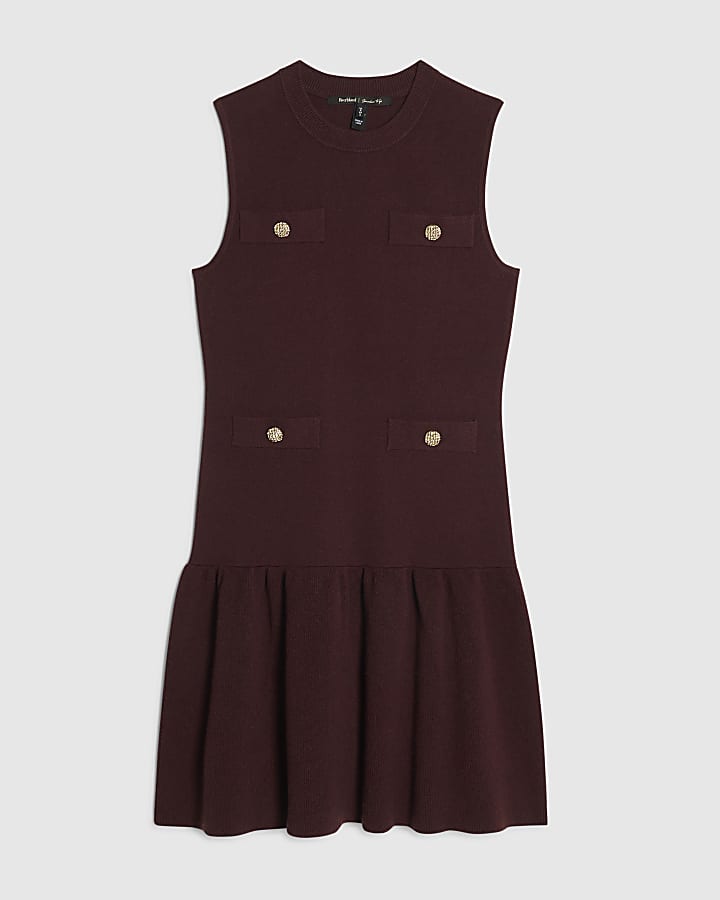 Red Knit Pleat Hem Mini Dress