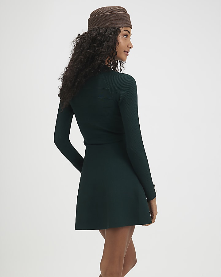 Green Knitted Rib Button Military Dress
