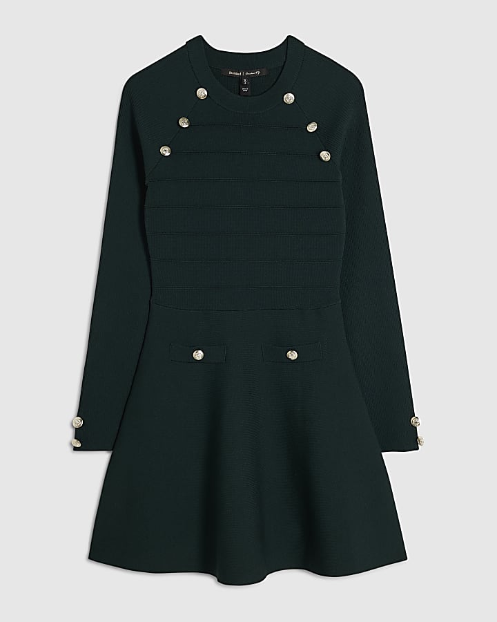Green Knitted Rib Button Military Dress