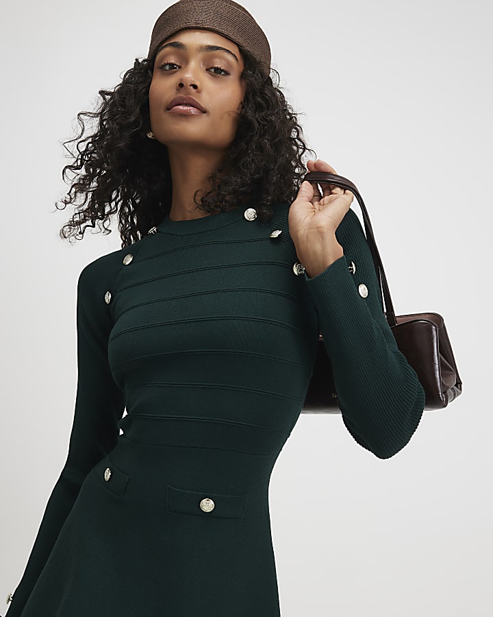 Green Knitted Rib Button Military Dress