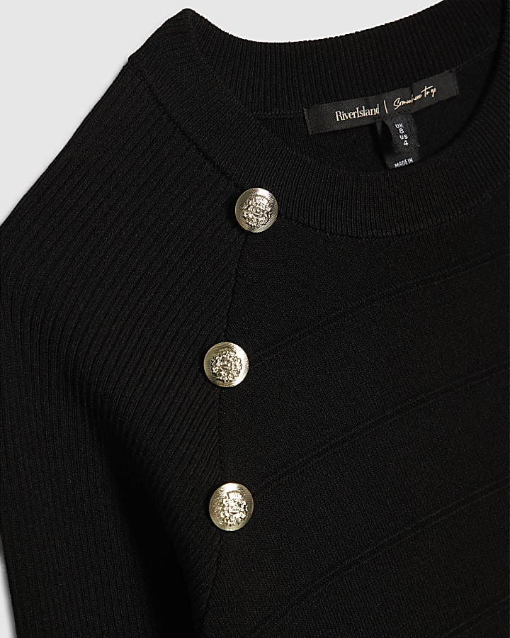 Black Knitted Rib Button Military Dress