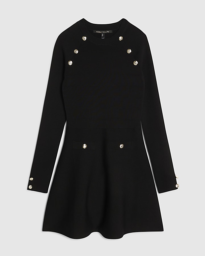 Black Knitted Rib Button Military Dress