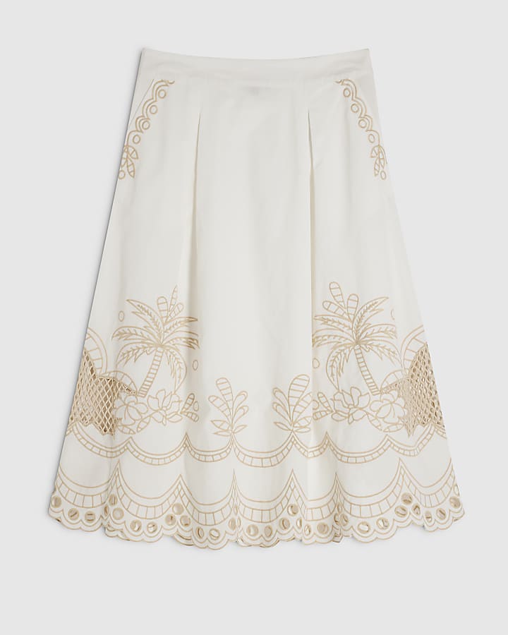 White Cotton Cutwork Midi Skirt