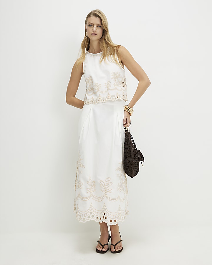 White Cotton Cutwork Midi Skirt