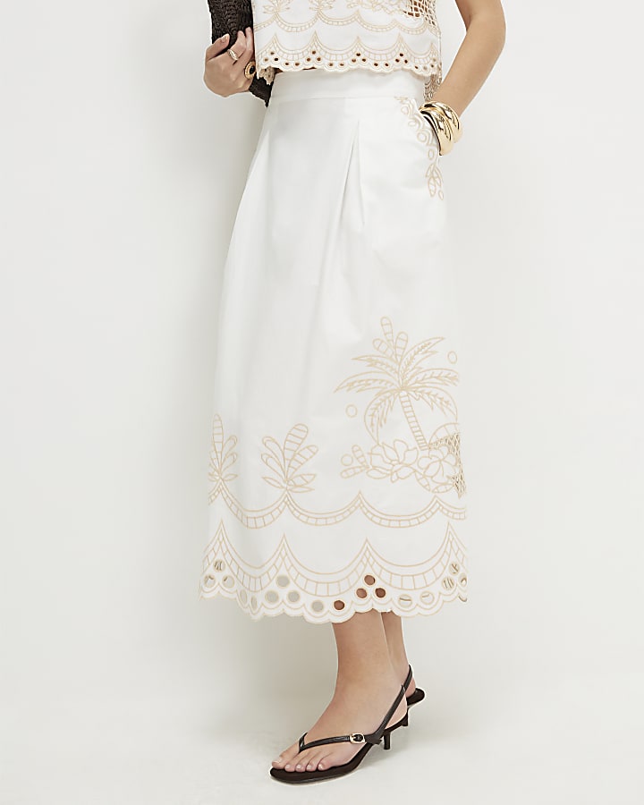 White Cotton Cutwork Midi Skirt