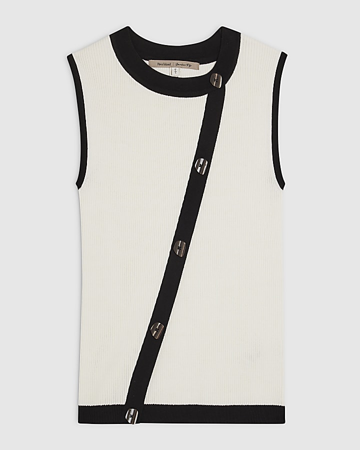 Cream Knit Asymmetric Stripe Button Vest