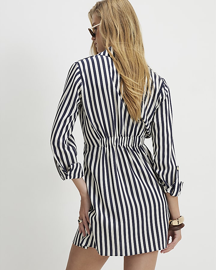 White Stripe Draped Mini Shirt Dress