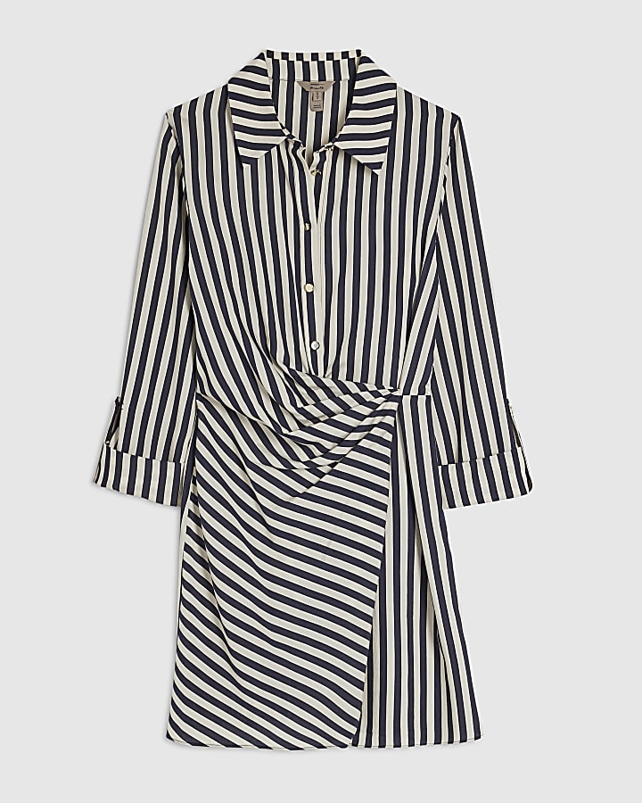 White Stripe Draped Mini Shirt Dress