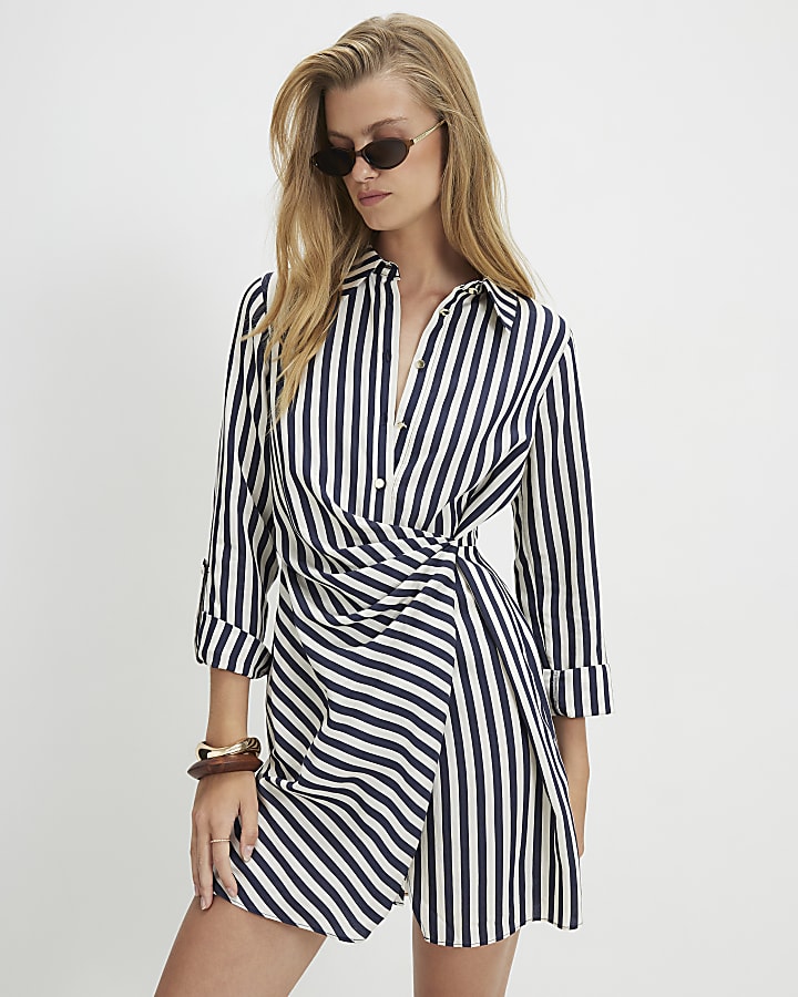 White Stripe Draped Mini Shirt Dress