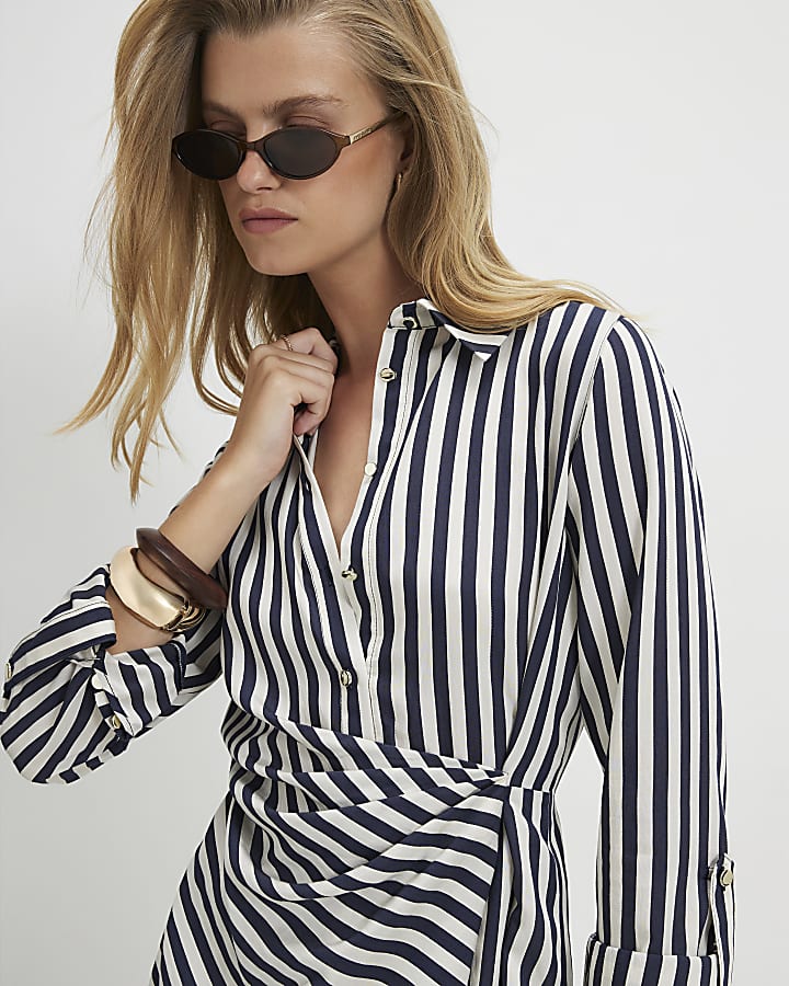 White Stripe Draped Mini Shirt Dress