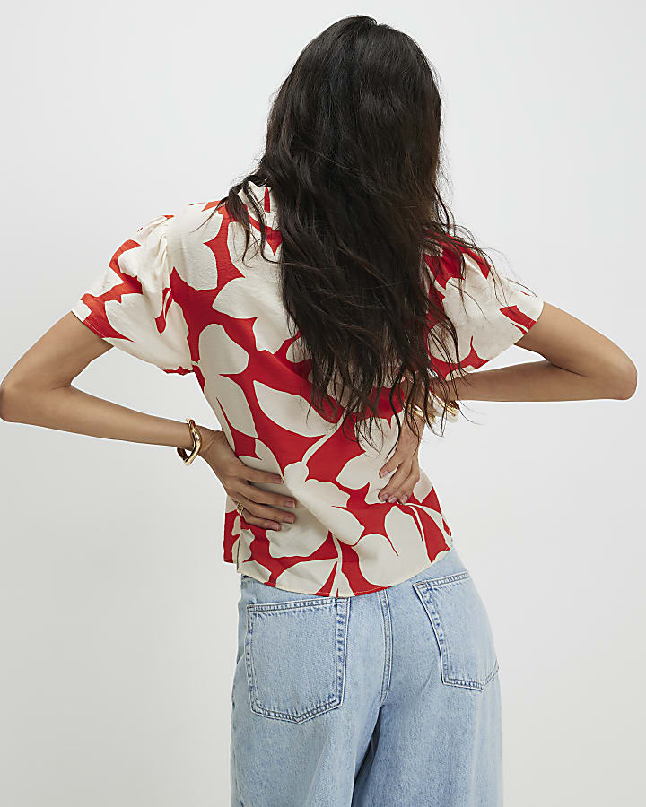 Red Short Sleeve Floral Print Blouse