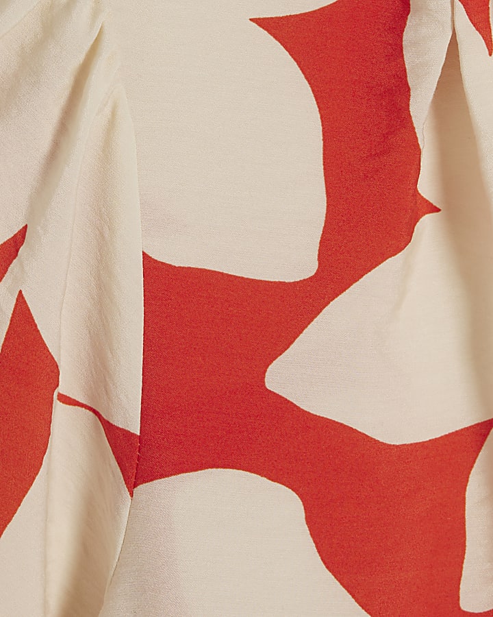 Red Short Sleeve Floral Print Blouse