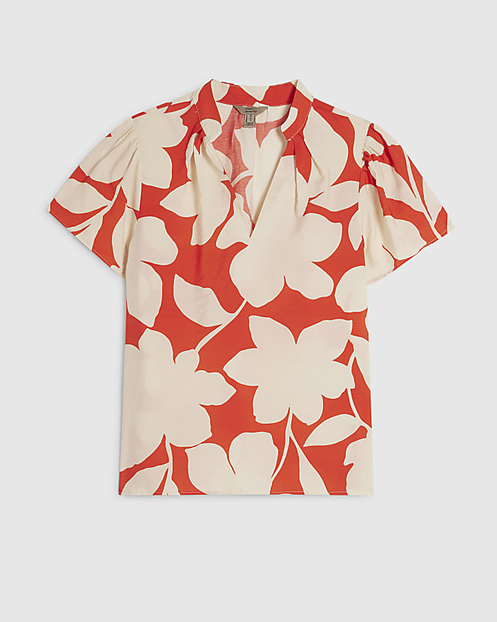 Red Short Sleeve Floral Print Blouse
