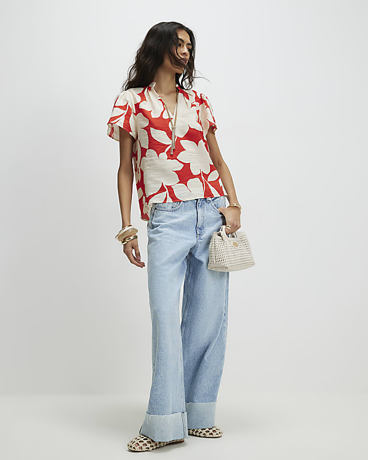 Red Short Sleeve Floral Print Blouse