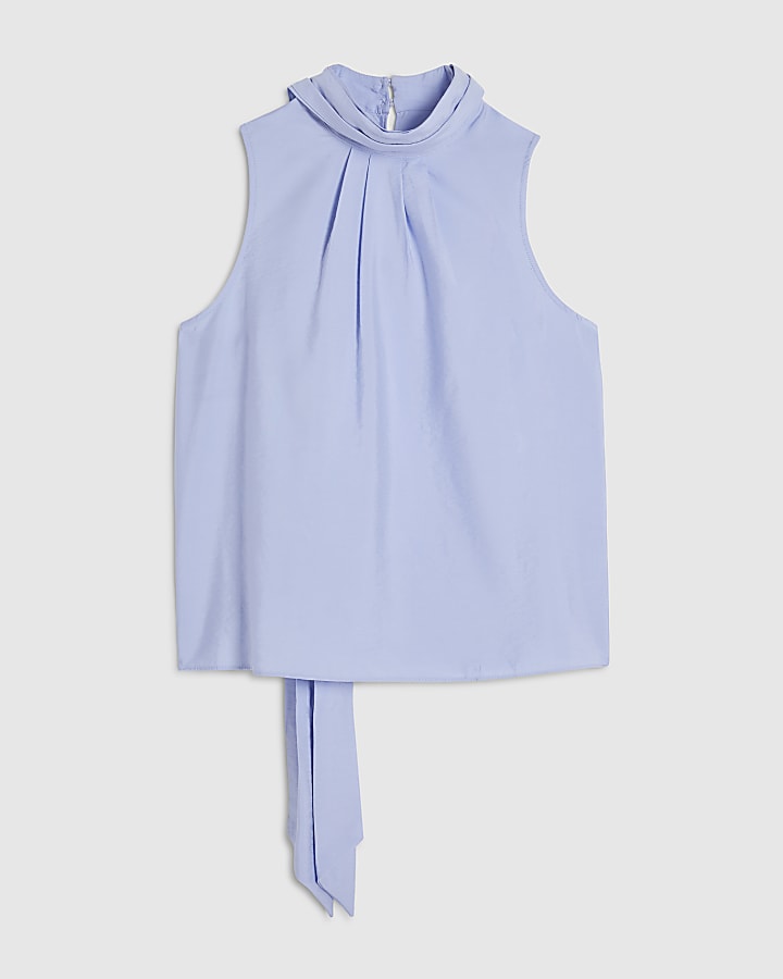 Blue Sleeveless Pussybow Blouse