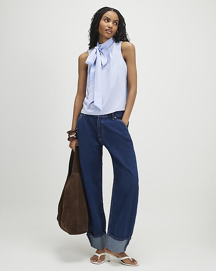 Blue Sleeveless Pussybow Blouse