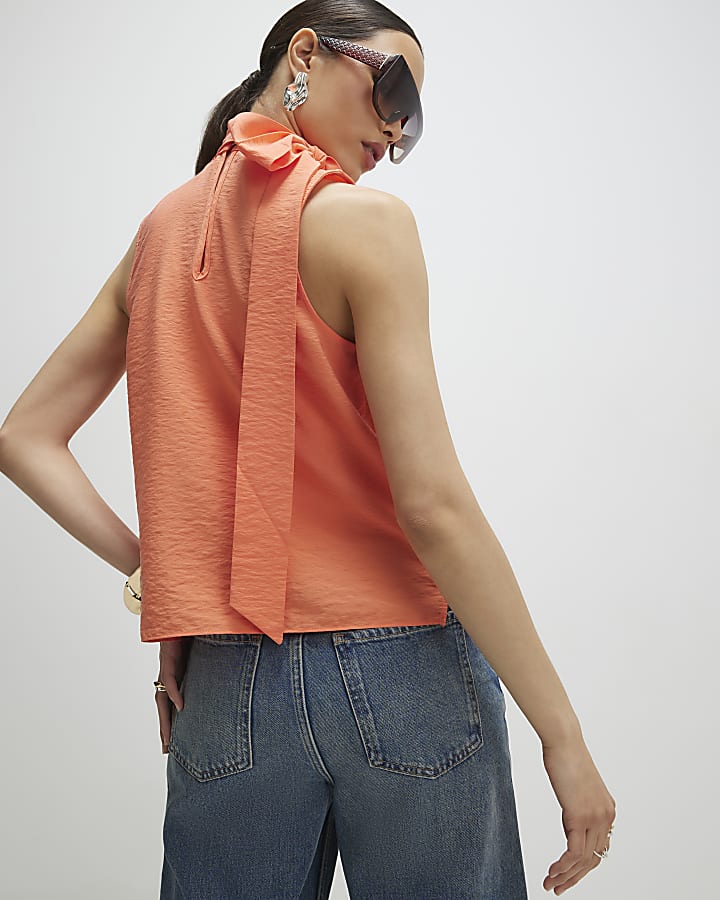 Orange Sleeveless Pussybow Blouse