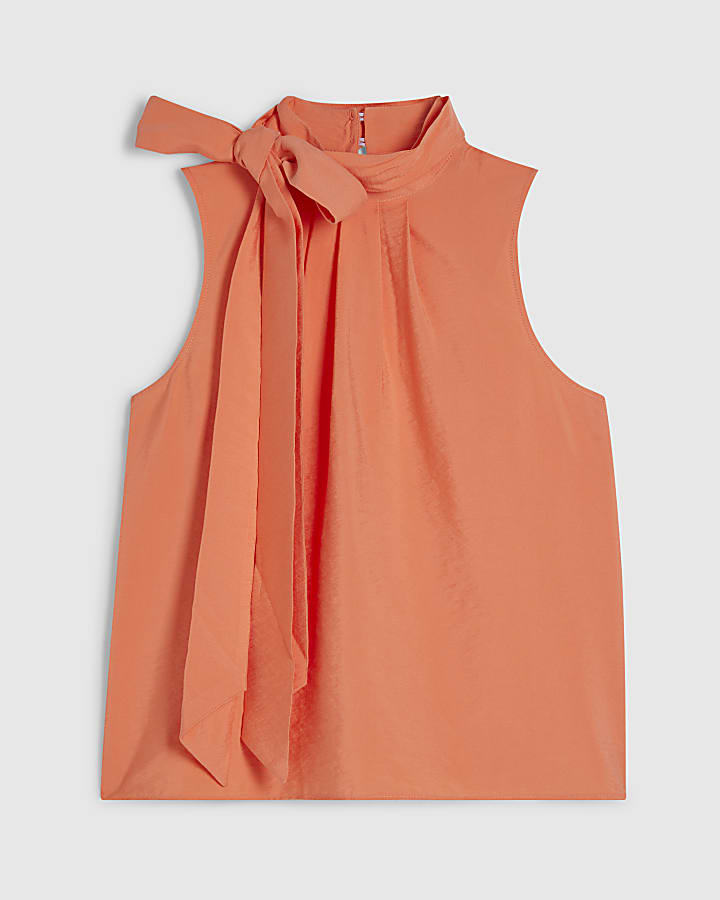 Orange Sleeveless Pussybow Blouse