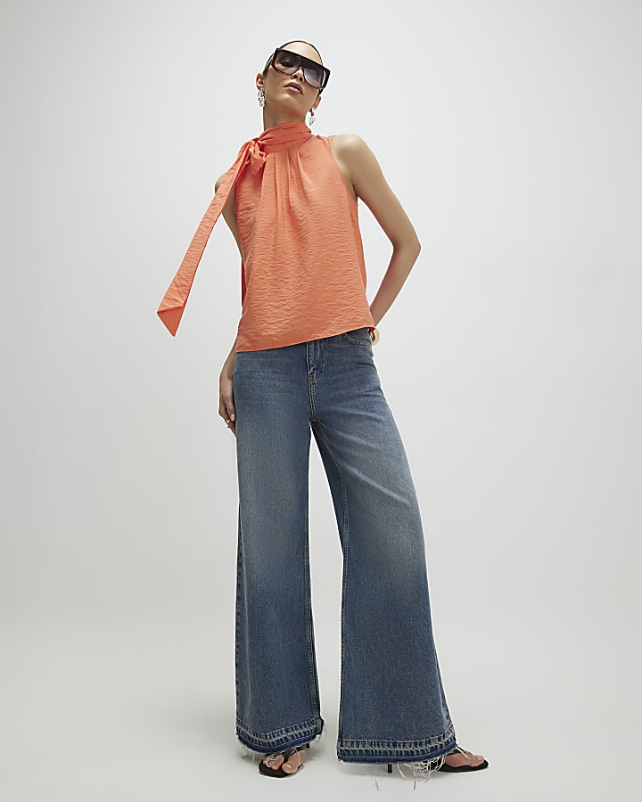 Orange Sleeveless Pussybow Blouse