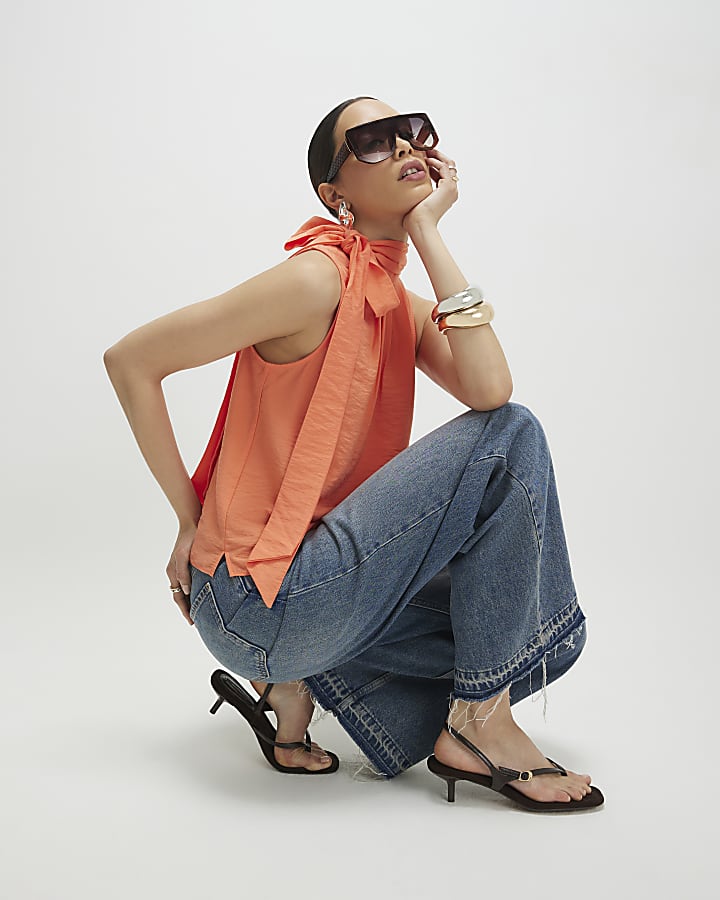 Orange Sleeveless Pussybow Blouse