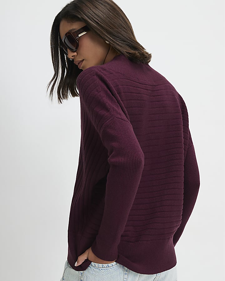 Red Cotton V Neck Ribbed Jumper