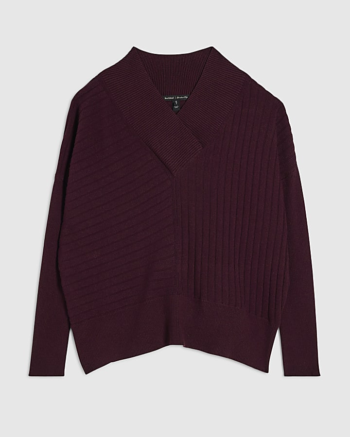 Red Cotton V Neck Ribbed Jumper