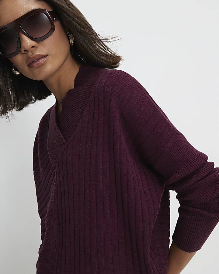 Red Cotton V Neck Ribbed Jumper